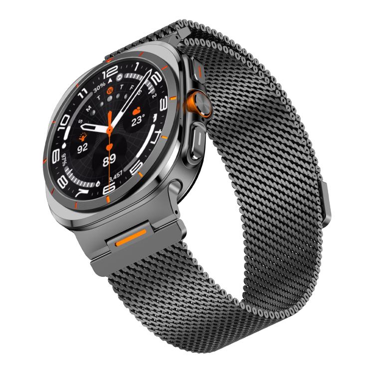Angled view of black Milanese mesh magnetic watch band on a smartwatch
