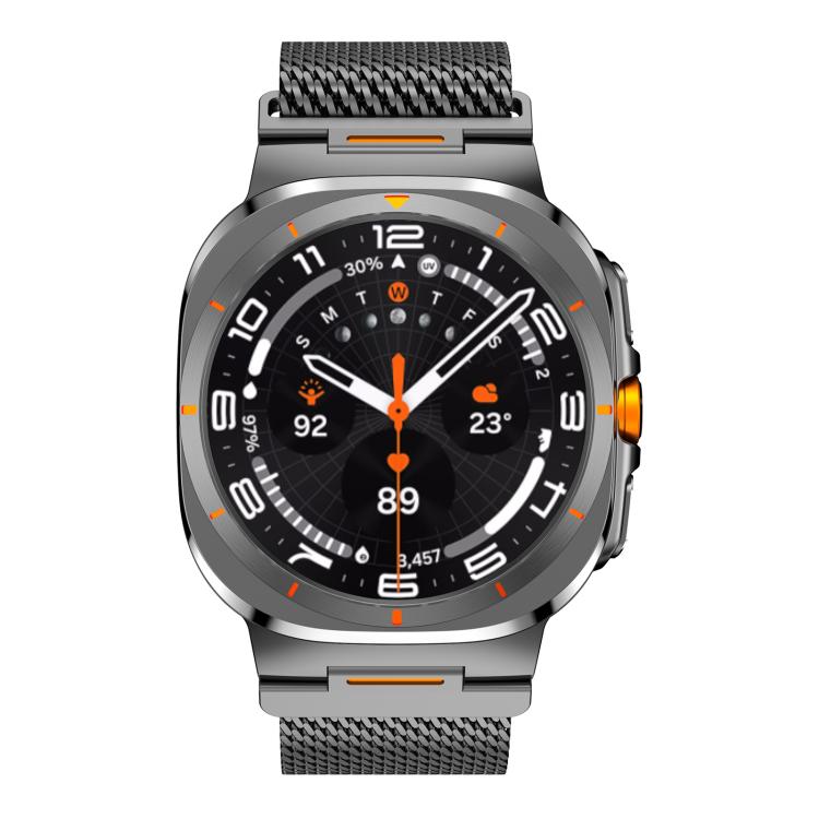 Front view of black Milanese mesh magnetic watch band fitted to a smartwatch