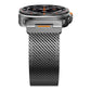 Side view showing the black Milanese mesh band attached to a smartwatch