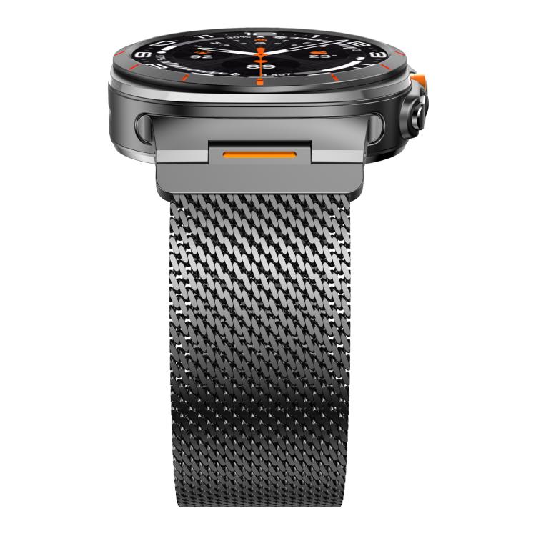 Side view showing the black Milanese mesh band attached to a smartwatch