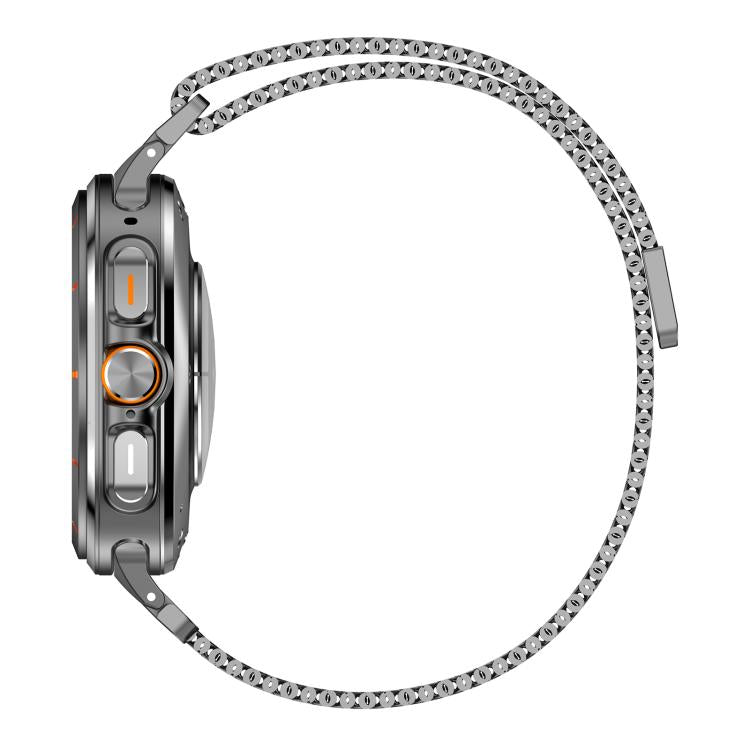 Side profile of a smartwatch with its black Milanese mesh band unfastened