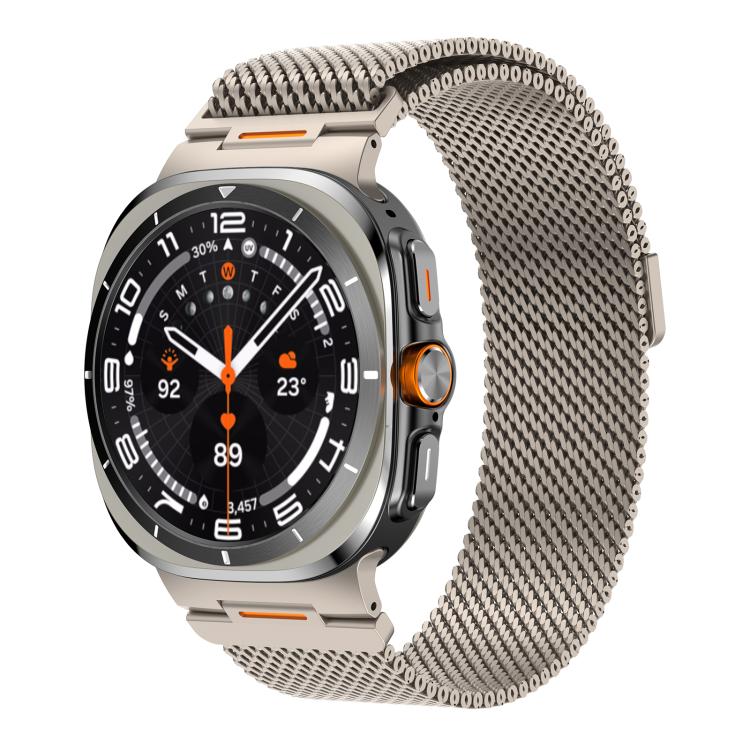Titanium-tone Milanese mesh magnetic watch band fitted to a rugged smartwatch