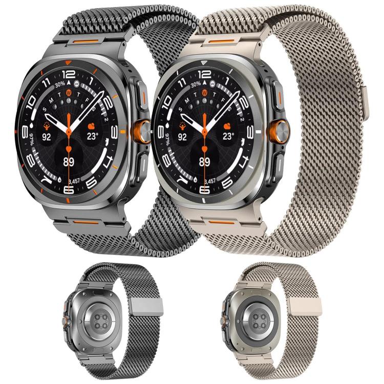 Black and titanium-tone Milanese mesh magnetic watch bands shown on smartwatches