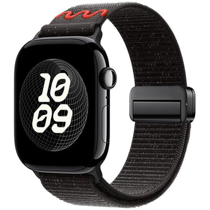 Nylon Apple Watch band in black with red accents and a magnetic buckle