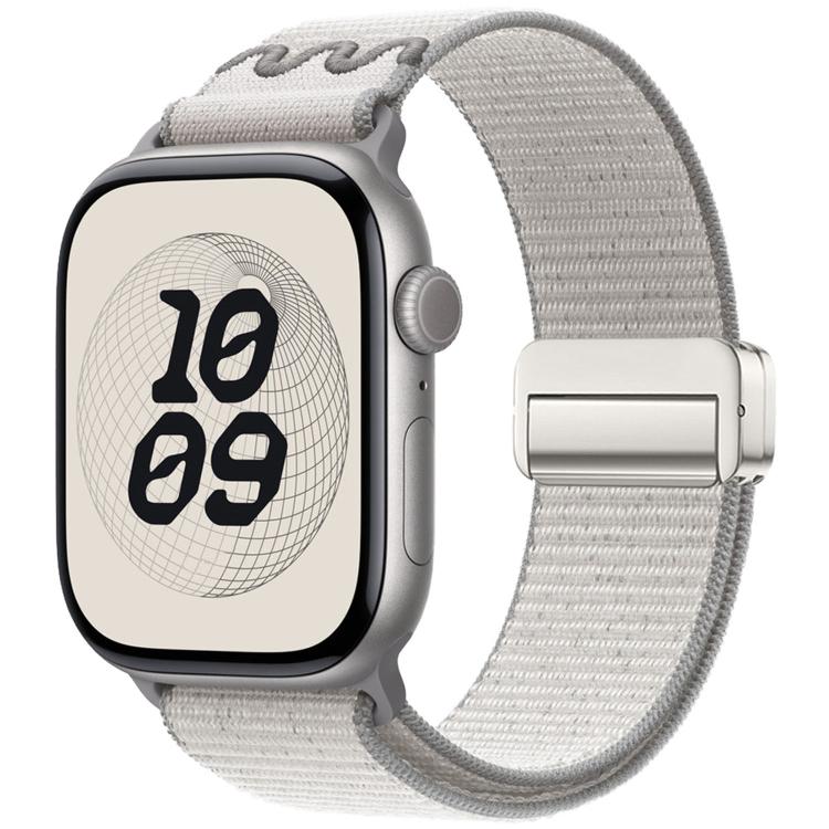 Light gray nylon Apple Watch band with a magnetic buckle