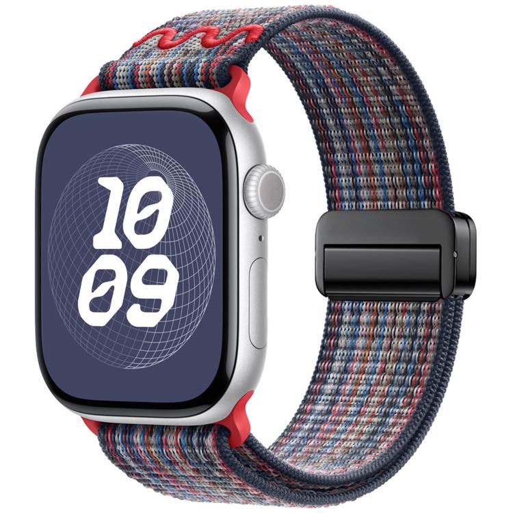Apple Watch nylon band with magnetic buckle, navy weave with red and light blue accents