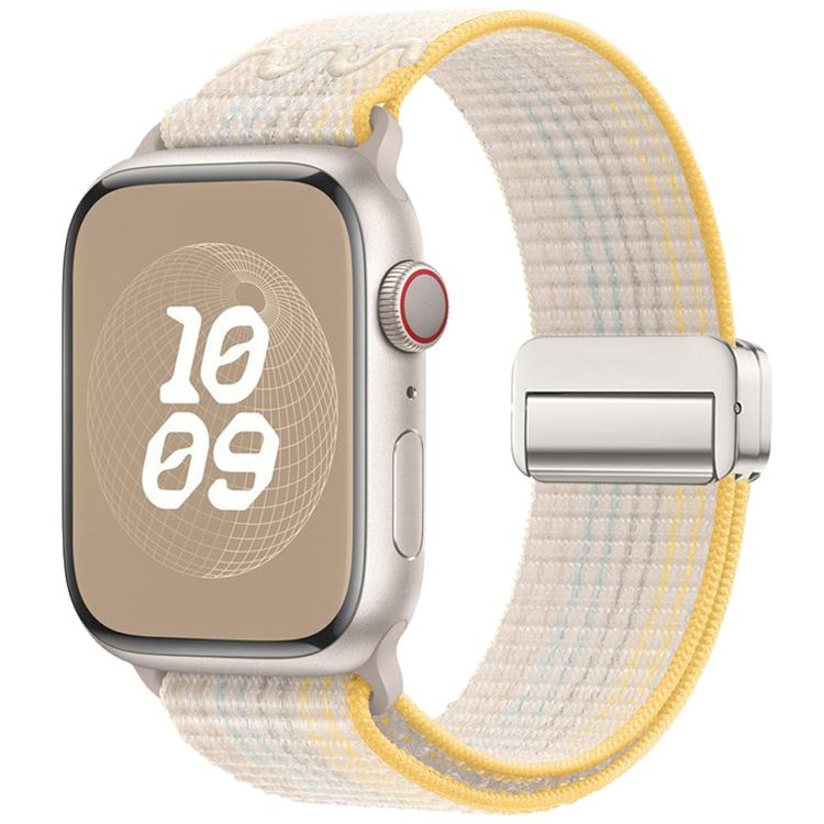 Apple Watch nylon band with magnetic buckle, pale woven fabric with yellow edging