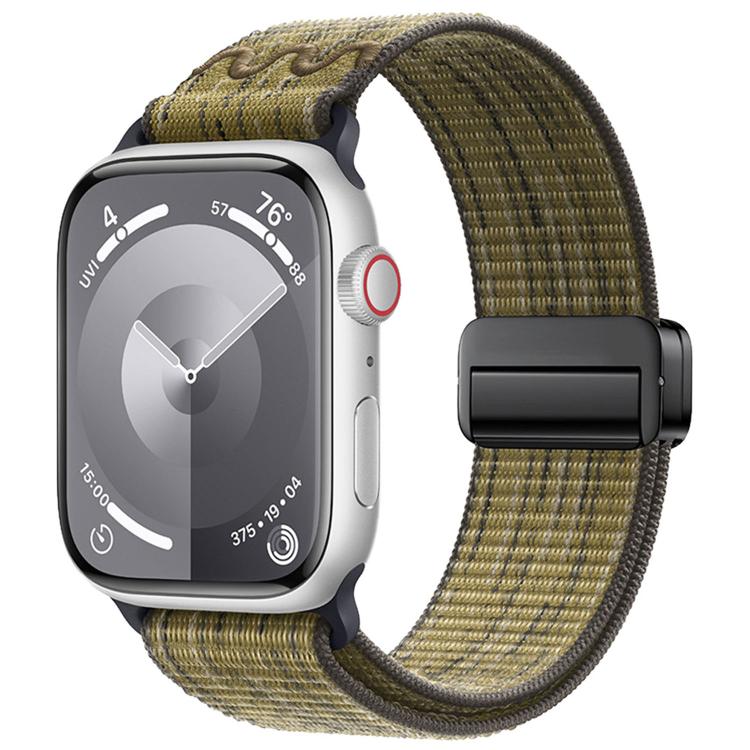 Apple Watch nylon band with magnetic buckle, olive and black woven fabric
