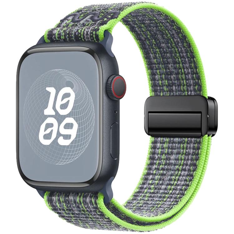 Apple Watch nylon band with magnetic buckle, gray weave with bright green edging