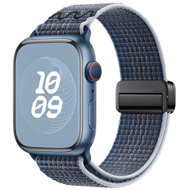 Nylon Apple Watch band in blue-gray with a magnetic buckle