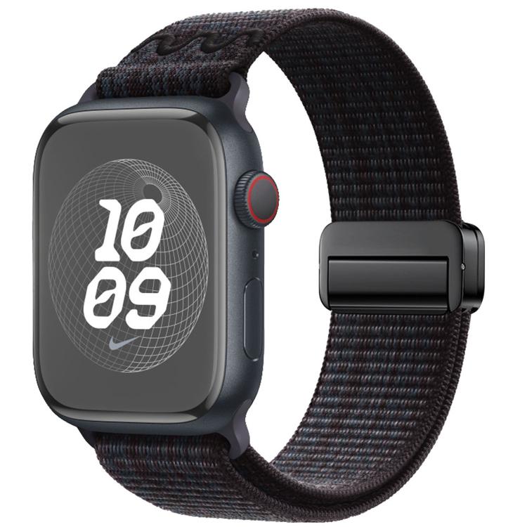 Black nylon Apple Watch band with a magnetic buckle