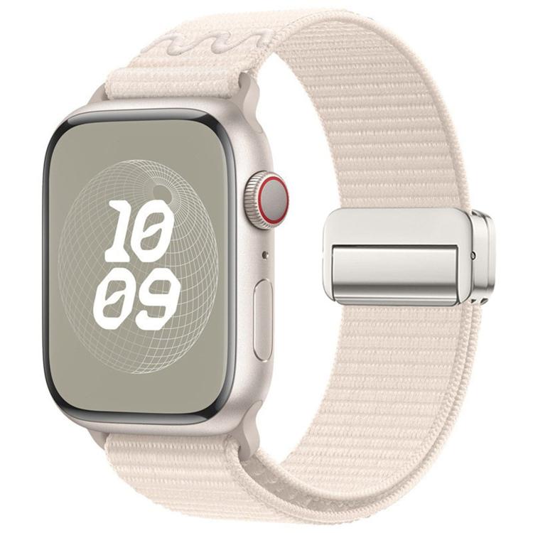 Nylon Apple Watch band in pale cream with a silver magnetic buckle
