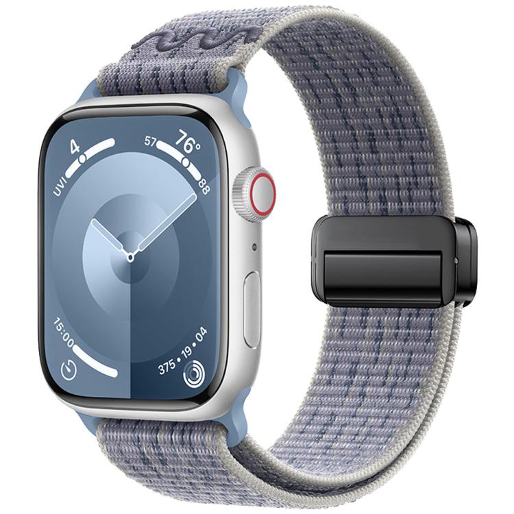 Nylon Apple Watch band in blue-gray with a black magnetic buckle