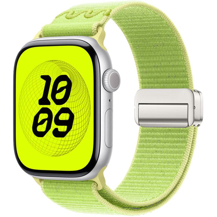 Nylon Apple Watch band in bright lime green with a silver magnetic buckle