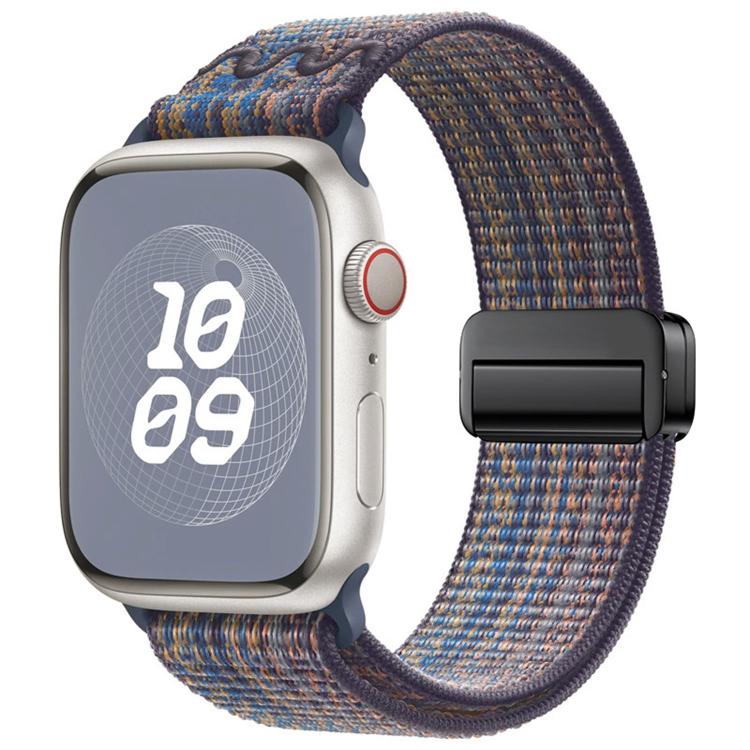 Nylon Apple Watch band in navy with blue and tan woven accents