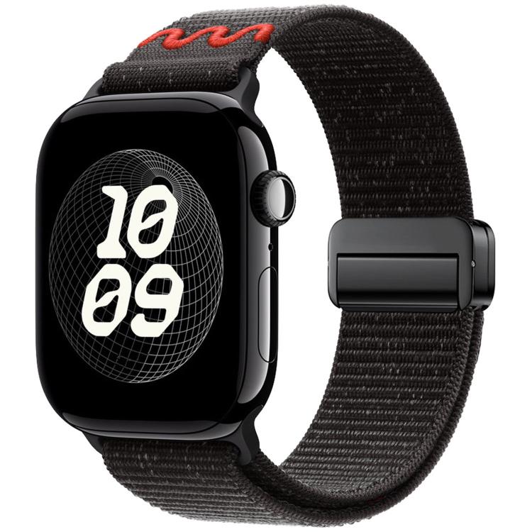 Black nylon Apple Watch band with red stitching and a black magnetic buckle