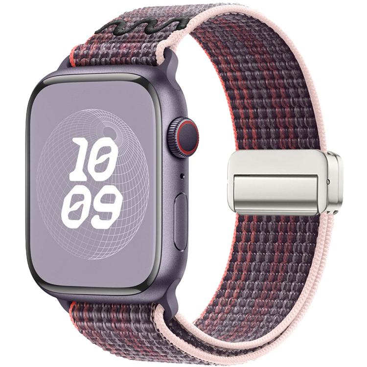 Apple Watch nylon band with magnetic buckle, dark woven fabric and pale pink edging