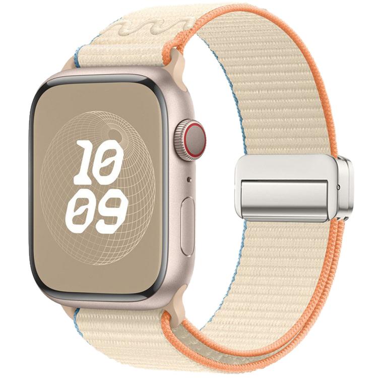 Nylon watch band with magnetic buckle, cream weave with orange and blue trim