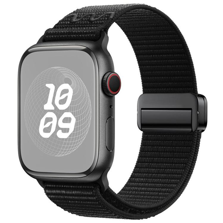 Apple Watch with a black woven nylon loop band and black magnetic buckle
