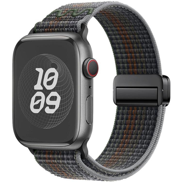 Apple Watch with a dark gray woven nylon loop band with brown accents and black buckle