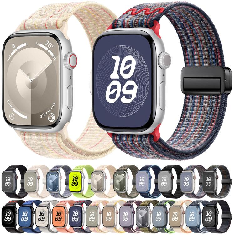 Two Apple Watches with nylon magnetic buckle bands in light and multicolor designs