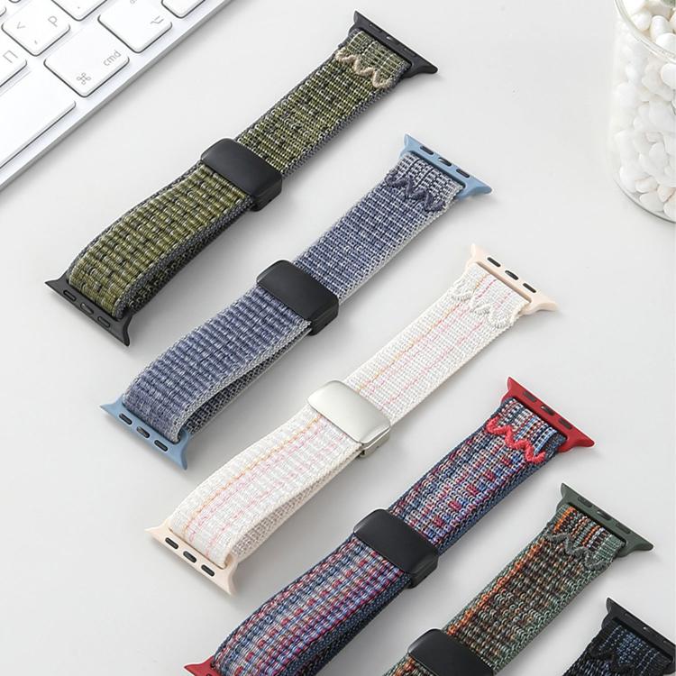 Six detached nylon Apple Watch bands in assorted colors with magnetic buckles