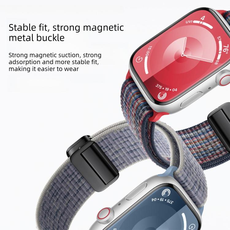 Woven nylon watch band detail showing the magnetic metal buckle fastening