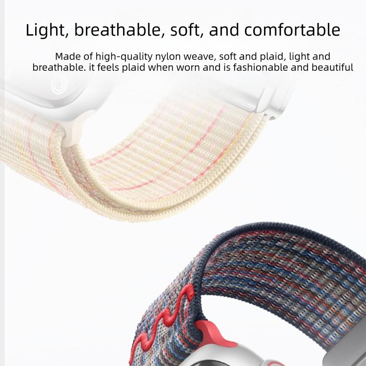 Woven nylon watch bands with loop closures in pale pink and blue with red accents