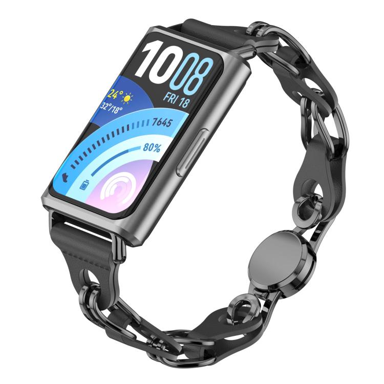 Black vegan leather chain watch band fitted to a Huawei Band 11 smartwatch