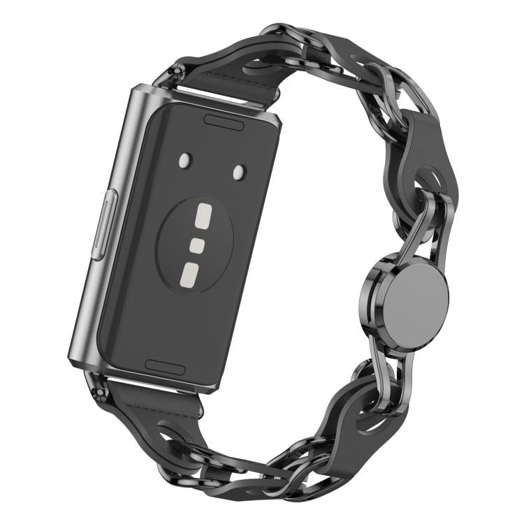 Back view of black vegan leather chain watch band fitted to a Huawei Band 11