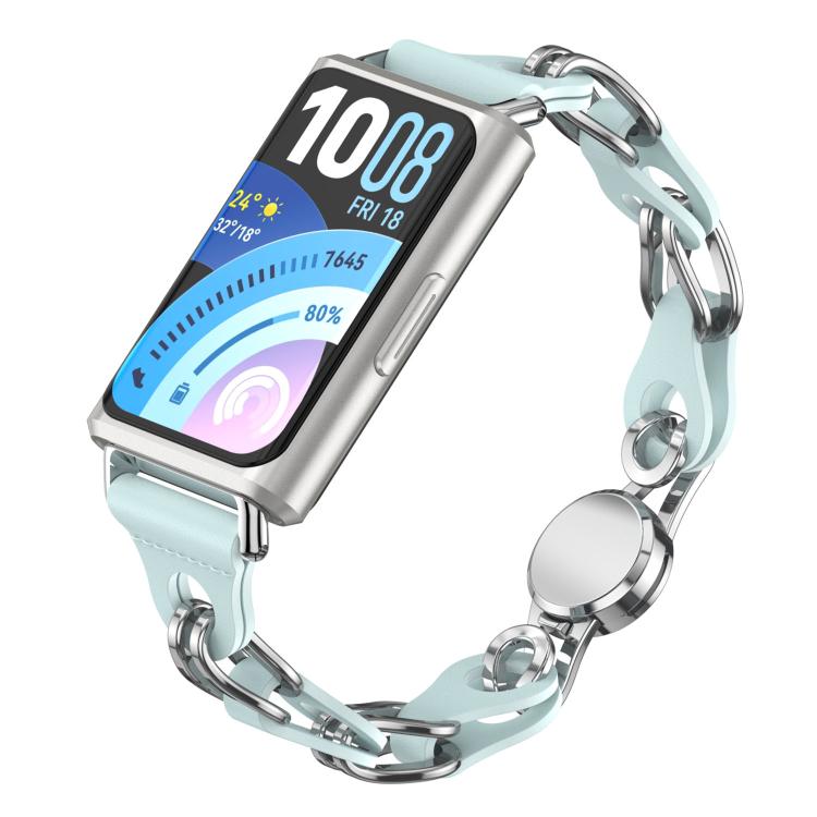 Sky blue vegan leather chain watch band fitted to a Huawei Band 11 smartwatch