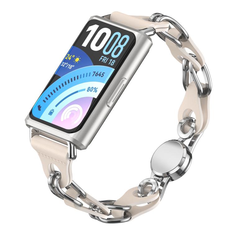 Light beige vegan leather chain watch band fitted to a Huawei Band 11 smartwatch