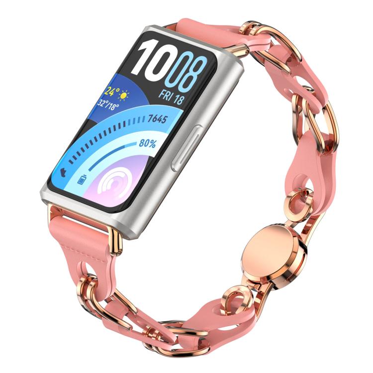 Cherry pink vegan leather chain watch band with rose gold-tone links, fitted to a smartwatch