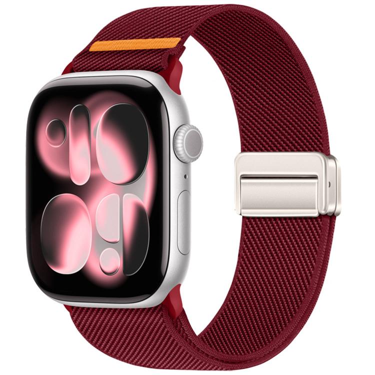 Burgundy nylon Apple Watch band with magnetic buckle and orange accent stitch