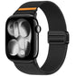 Black nylon Apple Watch band with magnetic buckle and orange accent stitch