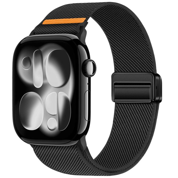 Black nylon Apple Watch band with magnetic buckle and orange accent stitch