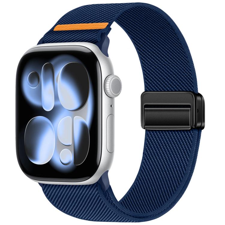 Navy blue nylon Apple Watch band with magnetic buckle and orange accent stitch