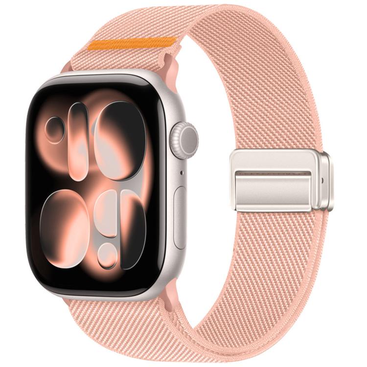 Sand pink nylon Apple Watch band with magnetic buckle and orange accent stitch
