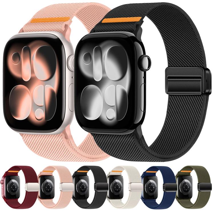 Nylon magnetic watch bands in pink and black, with additional color options shown below