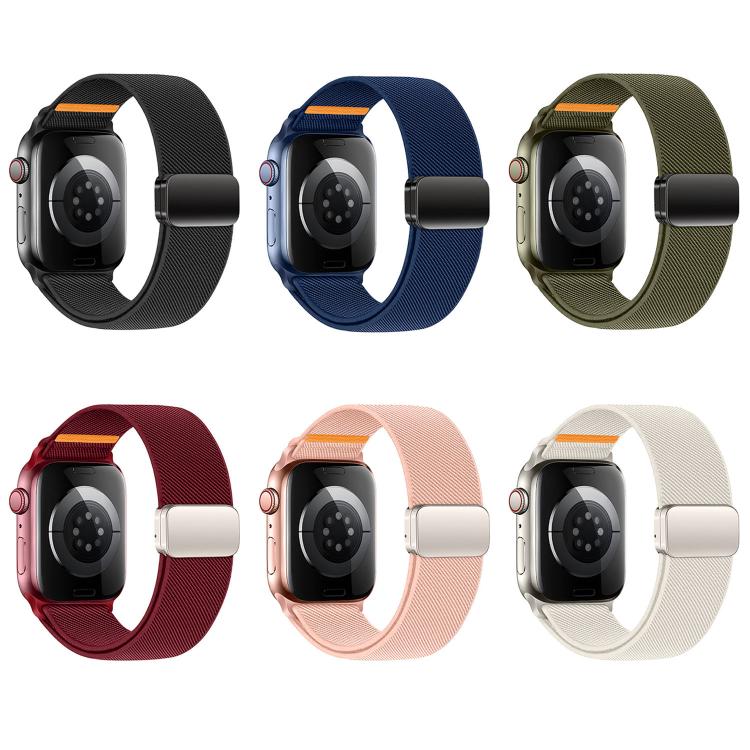 Woven nylon magnetic watch bands in black, navy, olive, burgundy, pink, and light cream