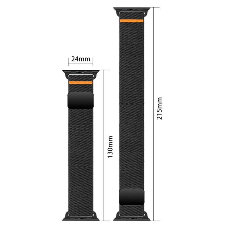 Black nylon magnetic watch band shown in two lengths, with width and length measurements