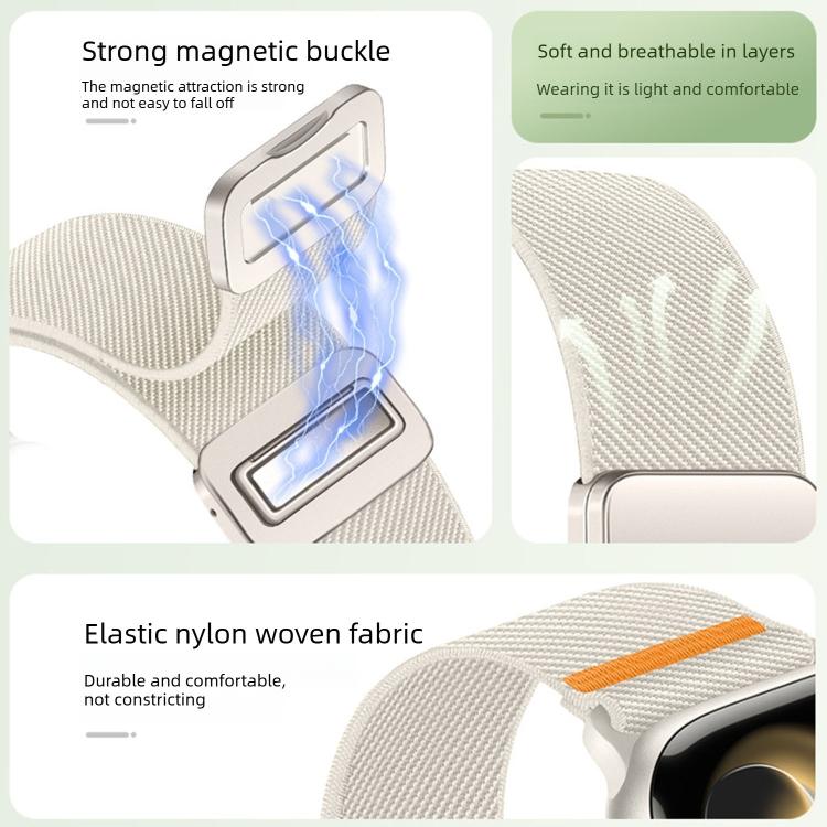 Light cream nylon watch band close-up showing its woven fabric and magnetic buckle
