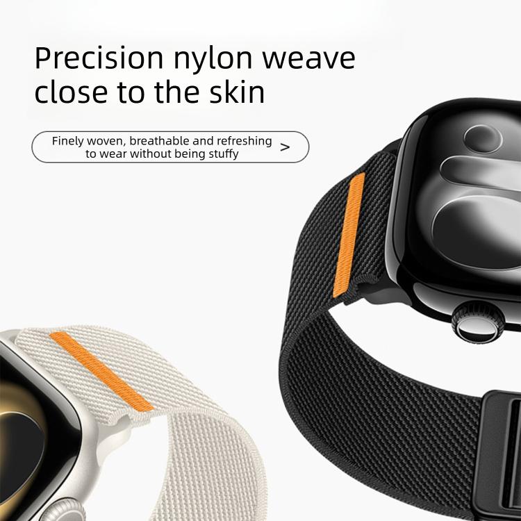 Black and light cream woven nylon watch bands with orange accents, shown on smartwatches