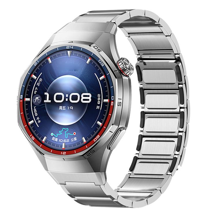 Silver stainless steel watch band on Huawei Watch GT 6 Pro with blue face
