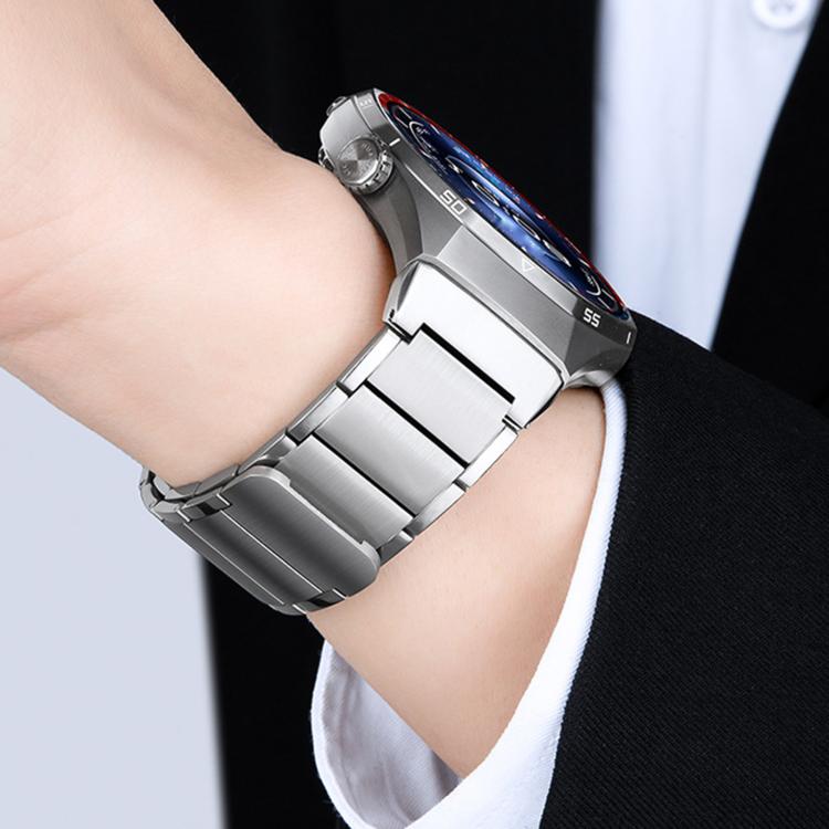 Silver stainless steel watch band fitted to Huawei Watch GT 6 Pro on wrist