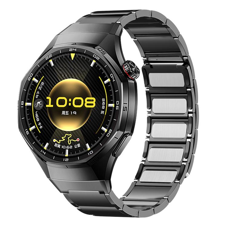 Dark stainless steel watch band on Huawei Watch GT 6 Pro with black and yellow face