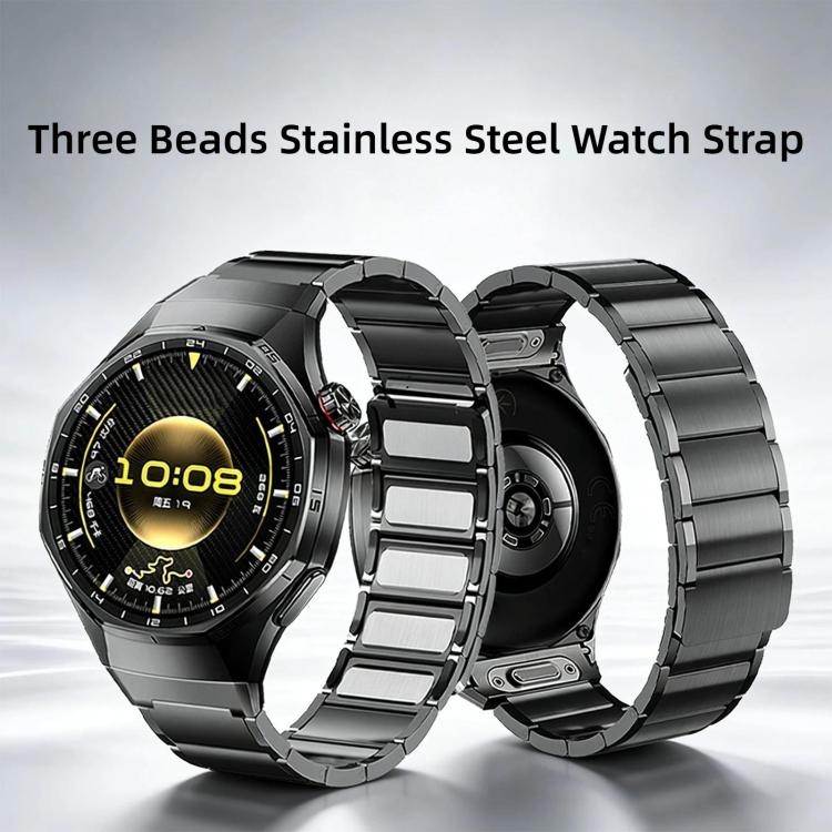 Dark stainless steel watch band with magnetic clasp shown beside Huawei Watch GT 6 Pro