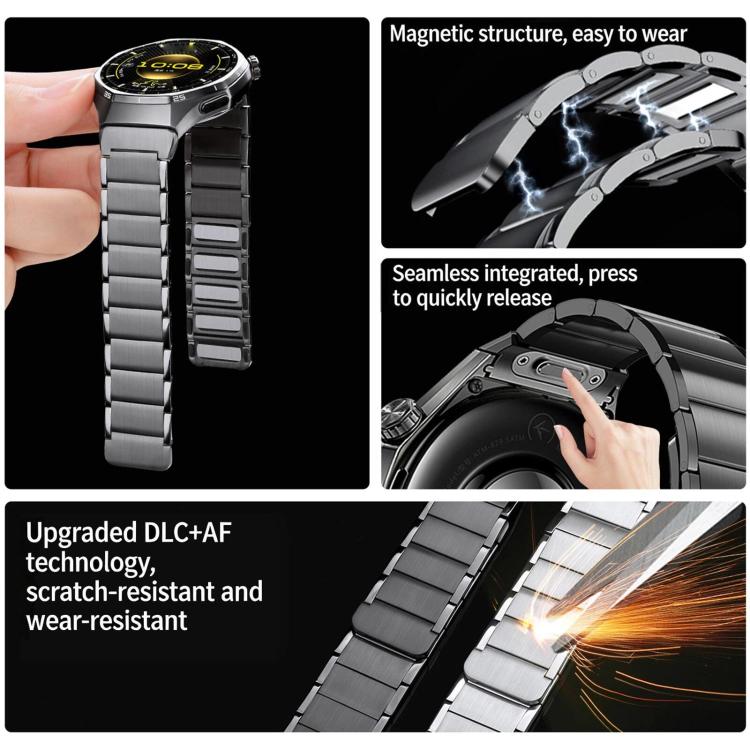 Stainless steel watch band with magnetic links and press-release clasp details