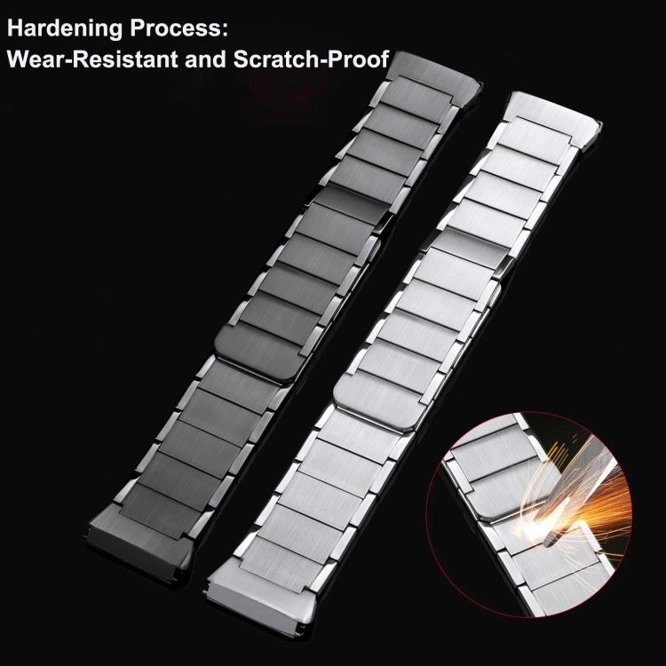 Dark and silver stainless steel watch bands with brushed link surfaces