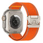 Bright orange woven nylon Apple Watch band with gray stitching and metal buckle